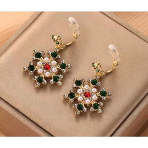 Clip on 1" gold, red, green stone and pearl dangle snowflake earrings - Picture 2 of 4